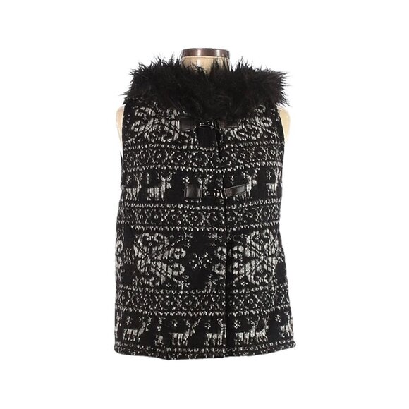 Zara Fair Isle Reindeer Wool Blend Vest M Faux Fur Hood Nordic Holiday Après Ski - Picture 1 of 11